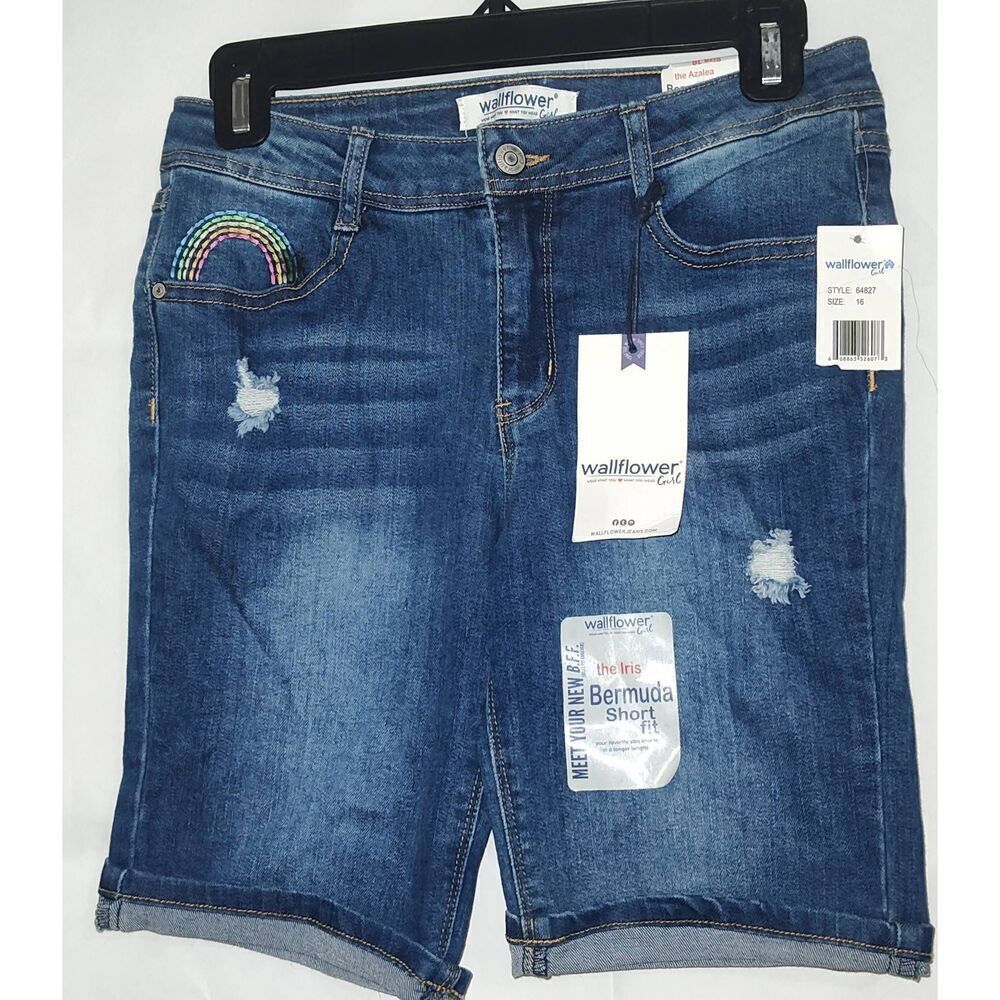 Wallflower Girls The Iris Bermuda Shorts Regular Wash Denim Size 8 NWT Adjustabl